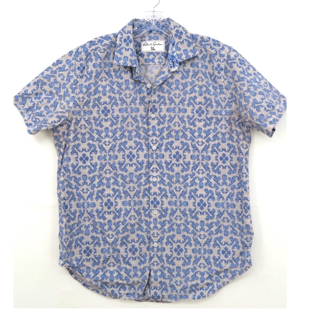 Robert Graham Mens Blue Grey Damask Scroll Linen Cotton Short Sleeve Shirt L